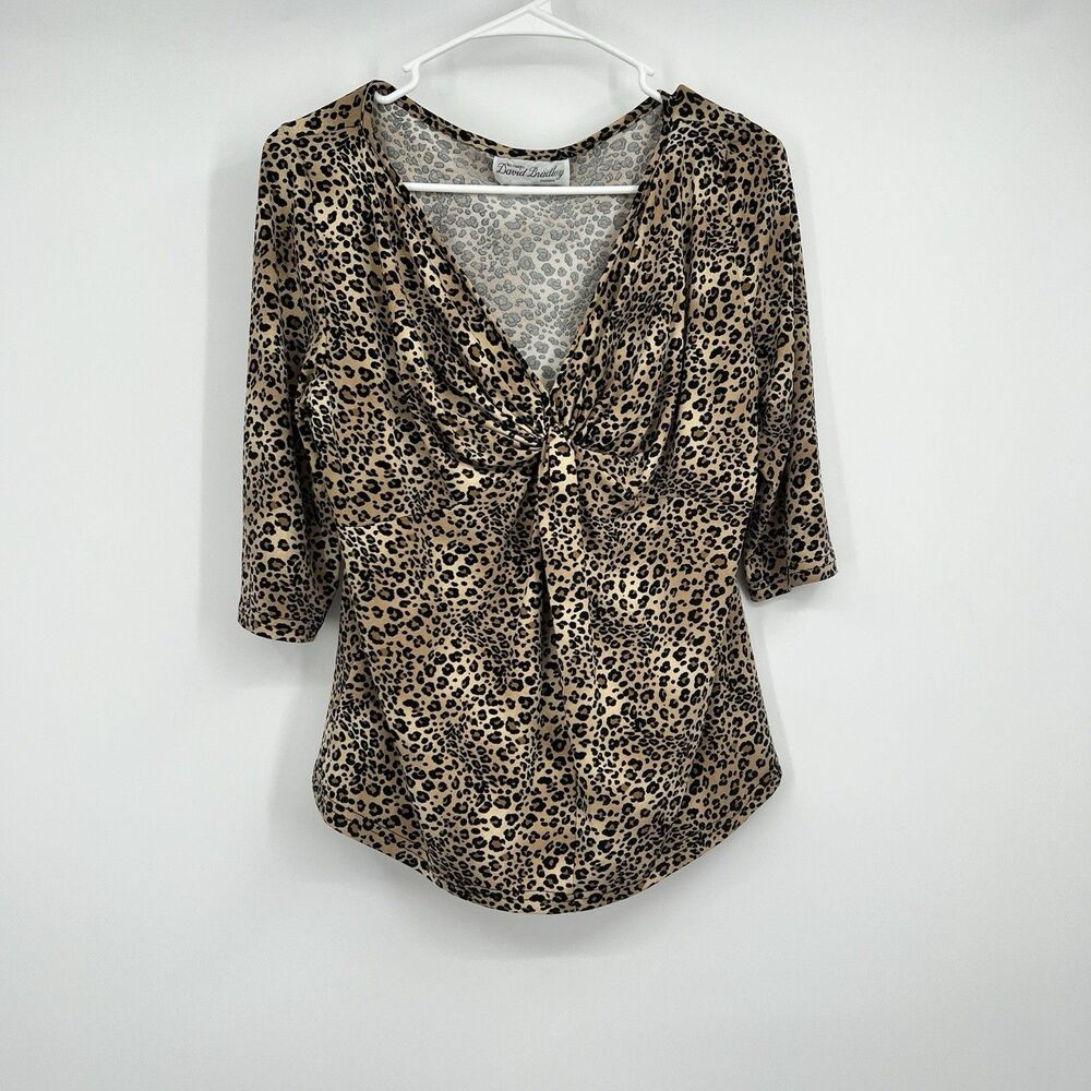 Womens VTG Animal Print Y2K Blouse L 3/4 Sleeves Vneck Cheetah Casual Rockabilly